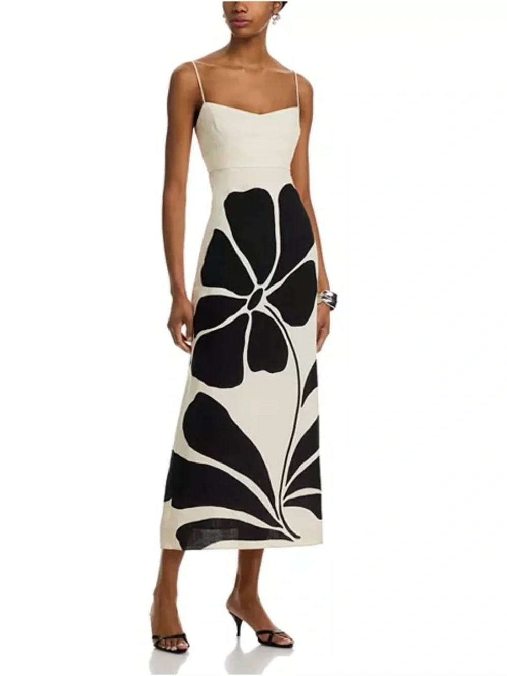 Cream Midi Dress with Bold Black Floral Print and Spaghetti Straps